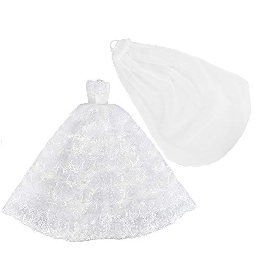 E-TING Princess Doll Wedding Gown Dress Lace Floral Dress Embroidery Barbie Clothes Cinderella Evening Party Outfit Set + Veil Set For Barbie Doll---Best Gift for your girls