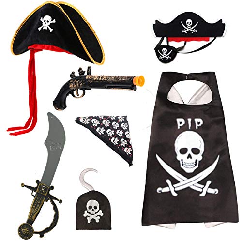Ecloud Shop - Juego de Disfraces de Pirata, Capa, Sombrero, Pirata, Bandana, Parche en el Ojo con máscara de Fieltro, Espada, Pirata, Pistola, Gancho, Cosplay para Halloween (7 Piezas)