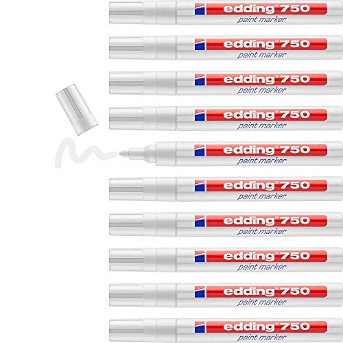 edding 750 marcadores de tinta opaca - blanco - 10 rotuladores - punta redonda 2-4 mm - para metal, vidrio, piedras o plástico - resistente al calor, permanente, no mancha, impermeable