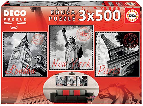 Educa Borras - Serie Deco, 3 puzzles de 500 piezas, Grandes Ciudades (17096)