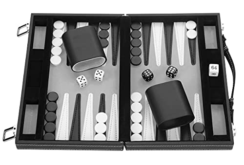 Engelhart- Maletín de Juego de Backgammon 11" 30 cm - Cuero de imitación Cosido (Negro/Blanco/Gris)