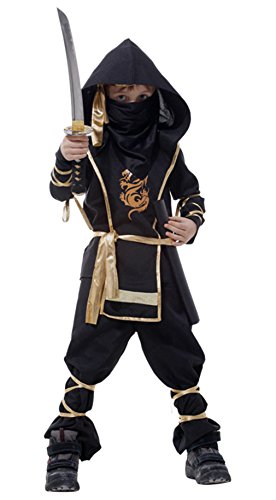 EOZY Disfraz de Ninja para Niño 4-12 años,Halloween Disfraes de Ninja Artes Marciales Infantiles Negro y Dorado para Halloween Carnaval,Cosplay