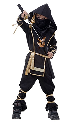 EOZY Disfraz de Ninja para Niño 4-12 años,Halloween Disfraes de Ninja Artes Marciales Infantiles Negro y Dorado para Halloween Carnaval,Cosplay