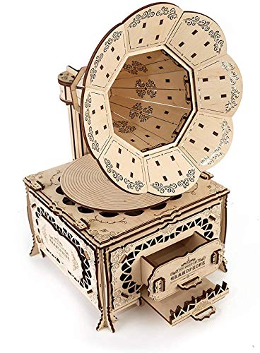 EWA Eco-Wood-Art-Gramophone Gramófono mecánico 3D de Madera-Rompecabezas para Adultos y Adolescentes-Montaje sin pegamento-321 Piezas, Color Naturaleza