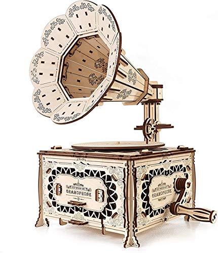 EWA Eco-Wood-Art-Gramophone Gramófono mecánico 3D de Madera-Rompecabezas para Adultos y Adolescentes-Montaje sin pegamento-321 Piezas, Color Naturaleza