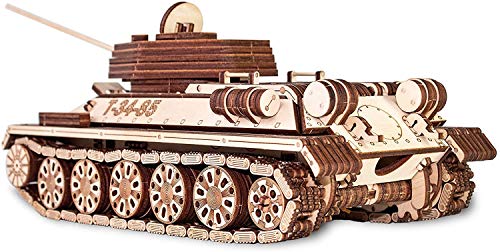 EWA Eco-Wood-Art Tanque T-34-85-Rompecabezas mecánico 3D de madera,Montaje sin pegamento-965 piezas, color naturaleza (Tank T-34-85)