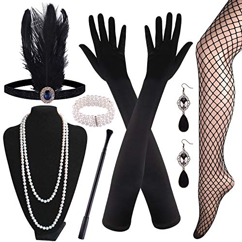 FEPITO Juego de 9 piezas de accesorios de la década de 1920, collar con diadema con aleta, pendientes, guantes negros largos, medias de red, accesorios Great Gatsby para mujer, juego C