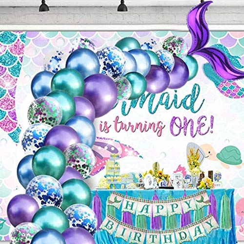 Fiesta de la sirena Kit de arcos de globos Metálicos Azul Púrpura y Confeti Lleno de globos de látex Paquete con cinta y Cola de papel de sirena de globos para cumpleaño Decoración de banquete de boda