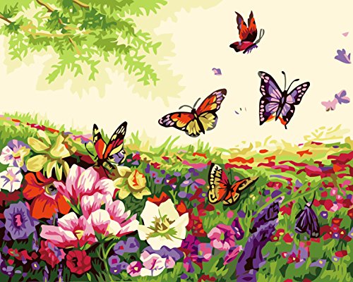 Fuumuui Pintar por Numeros para Adultos Niños,DIY Pintura por números de Kits Sin Marco-Mariposa y Flores 16 * 20 Pulgadas