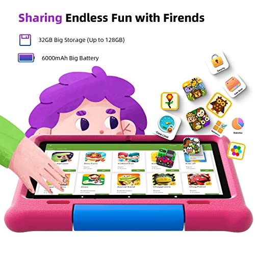 G-TiDE Tablet para niños, 10 pulgadas Android 11 Tablet para niños, 32 GB ROM, Quad Core, HD Dual Camera, Aplicación preinstalada para niños con funda a prueba de niños y protector de pantalla, rosa