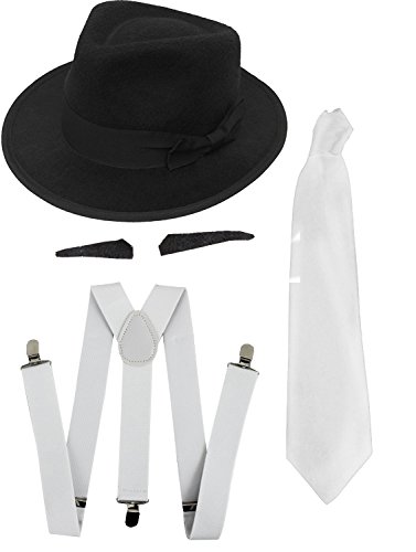 Gangster Disfraz Deluxe accesorios de la serie 1920er – Tirantes Blanco + Blanca corbata + Negro spiv/Polainas Bigote + + Blanco o Negro Sombrero De sombrero + Roja Plástico Ojal Clavel