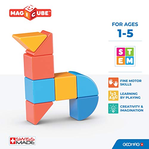 Geomag Magicube Shapes, Bloques de Construcción Magnéticos para Niños a Partir de 1 Año, Juego de 9 Cubos de 3 Colores y Formas Hechos de Plástico 100% Reciclado