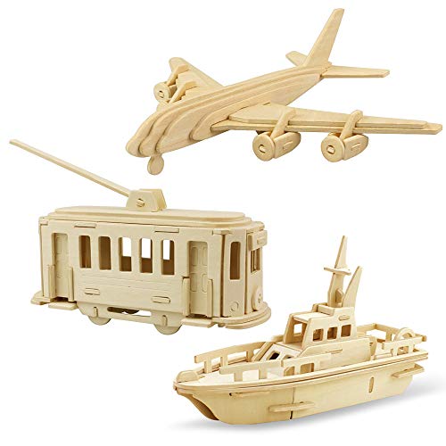Georgie Porgy Modelos de Animales de Madera en 3D, Kit de Construcción de Artesanía en Madera de Rompecabezas ños de Edad para Niños de 5+ (3 Piezas) (Aviones Tranvía Bote Salvavidas)