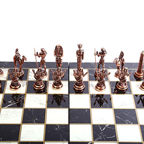 GiftHome Antiguo Egipto El Faraón Figuras de cobre antiguo juego de ajedrez de metal para adultos, piezas hechas a mano y tablero de ajedrez de madera con diseño de mármol, tamaño King 3.4