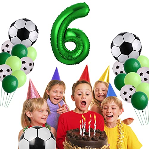 Globos de fútbol para cumpleaños de 6 años, decoración para niños, globos de fútbol grandes, decoración de cumpleaños, globos con número 6, globos verdes para fiesta temática de fútbol
