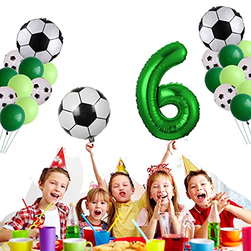 Globos de fútbol para cumpleaños de 6 años, decoración para niños, globos de fútbol grandes, decoración de cumpleaños, globos con número 6, globos verdes para fiesta temática de fútbol
