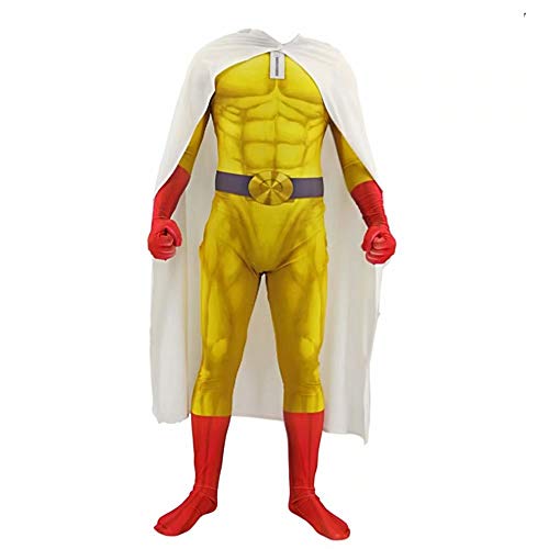 Godmoy One Punch Man Costume Saitama Cosplay Jumpsuit Set con Capa Disfraces de superhéroe de Halloween Monos para niños Adultos