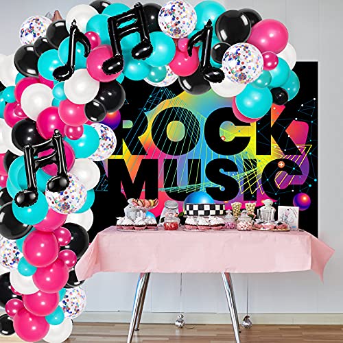 Guirnalda de arco de globos de fiesta temática de música sorpresa, rosa, rojo, turquesa, azul, negro, confeti, globo de látex, notas de concierto, globos para discoteca musical Tik Tok, notas, tema