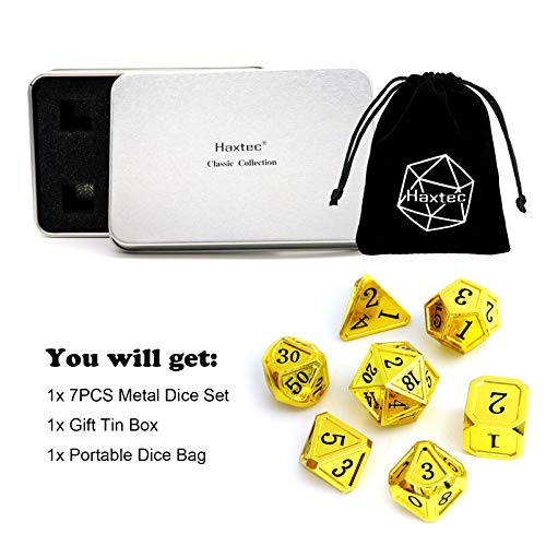 Haxtec Metal DND Dice Set Classic Collection D&D Dice Polyhedral Dice para mazmorras y dragones TTRPG-Gold Black Numbers