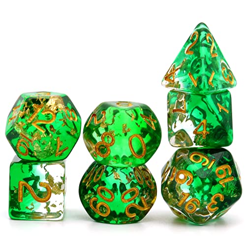 Haxtec Resina verde DND Dice Set 7PCS Clear Gold Foil Polyhedral Dice RPG Dungeons and Dragons