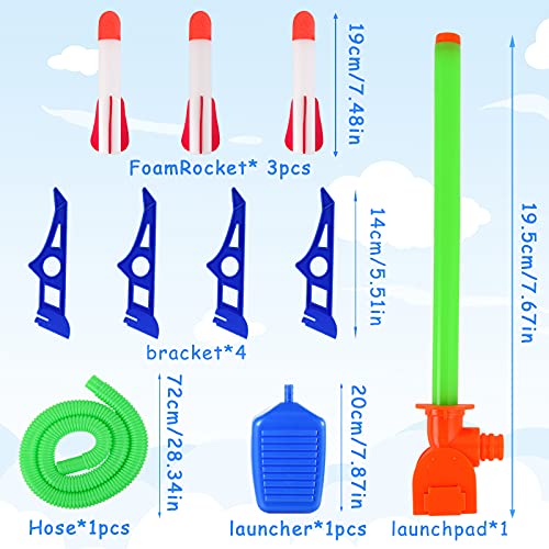 Herefun Cohete Juguete Niños, Juguete Cohete de Aire con 3 Cohetes de Espuma, Lanzador de Cohetes de Juguetes, Juguetes de Juegos de Jardín Aire Libre, Juguete Cohete Regalo para Niño Niña (3pcs)