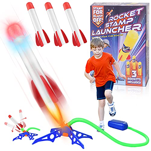 Herefun Cohete Juguete Niños, Juguete Cohete de Aire con 3 Cohetes de Espuma, Lanzador de Cohetes de Juguetes, Juguetes de Juegos de Jardín Aire Libre, Juguete Cohete Regalo para Niño Niña (3pcs)