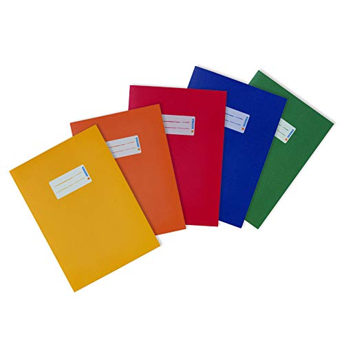 HERMA 20230 - Juego de 5 fundas para cuaderno (DIN A5, con campo para etiquetas, papel reciclado resistente, colores vivos, fundas para cuadernos, amarillo, naranja, rojo, azul y verde)