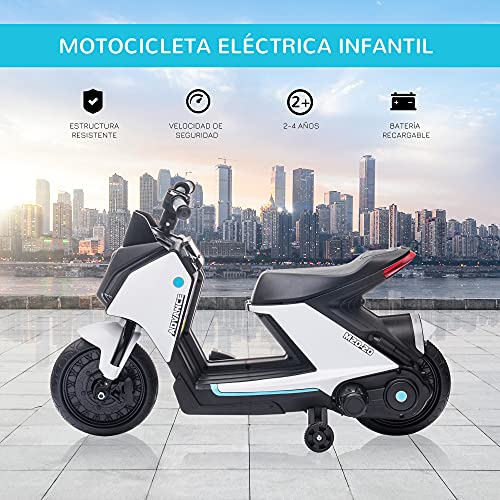 HOMCOM Moto Eléctrica Infantil Motocicleta de Batería 6V para Niños de 2-4 Años con Faros Música y 2 Ruedas de Equilibrio 80x39,5x51 cm Blanco