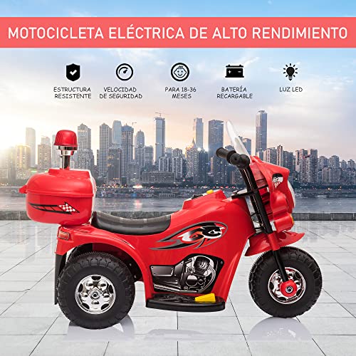 HOMCOM Moto Eléctrica para Niños de 18-36 Meses Motocicleta Infantil con 3 Ruedas y Batería 6V con Música Bocina Faros Baúl 80x35x52 cm Rojo