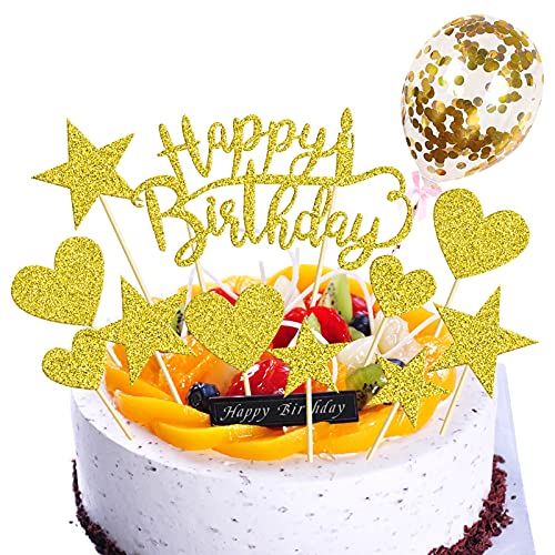 HONGECB Decoración para Tarta, Happy Birthday Cake Topper, decoración para tartas con purpurina, Corazones Estrellas Cake Cupcake Topper cumpleaños, Decoración para Fiesta Aniversario (azul)