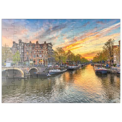 Horizonte De Ámsterdam Al Atardecer En El Paseo del Canal, Ámsterdam, Países Bajos - Premium 100 Piezas Puzzles - Colección Especial MyPuzzle de Puzzle Galaxy