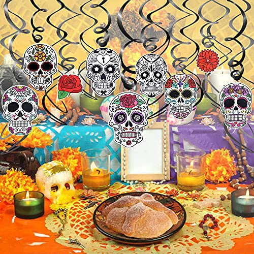 HOWAF Decoración del Día de los Muertos, 30pcs Día de los Muertos Calavera Colgante Remolino Decoraciones de Techo Espiral guirnaldas para el Cinco de Mayo, Fiestas mexicanas, Decoración Halloween