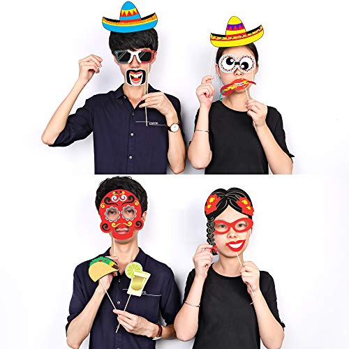 HOWAF Fiesta Mexicana Photo Booth Props Cabina de Fotos Accesorios Photocall Gafas máscara Sombreros para Cinco de Mayo Mejicano Fiesta de cumpleaños Boda Carnaval decoración Suministros (50pcs)