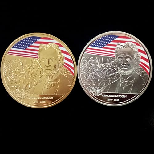 HYUI 2PCS United States President Abraham Lincoln Souvenir Gold Plated Coin Challenge Coin Collectible Gift President Commemorative Coin