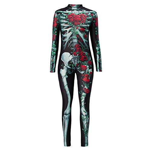 Idgreatim - Disfraz de Halloween para mujer, estampado en 3D, manga larga, ajustado, con diseño de esqueleto, traje de cosplay