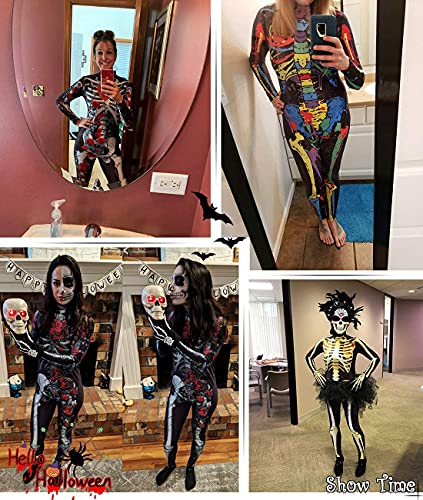 Idgreatim - Disfraz de Halloween para mujer, estampado en 3D, manga larga, ajustado, con diseño de esqueleto, traje de cosplay