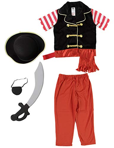 IKALI Disfraz de pirata para niño, De lujo Bucanero Equipo con el capitán Hat (Set de 5 piezas) 4-6años
