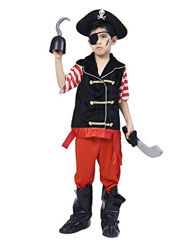 IKALI Disfraz de pirata para niño, De lujo Bucanero Equipo con el capitán Hat (Set de 5 piezas) 4-6años