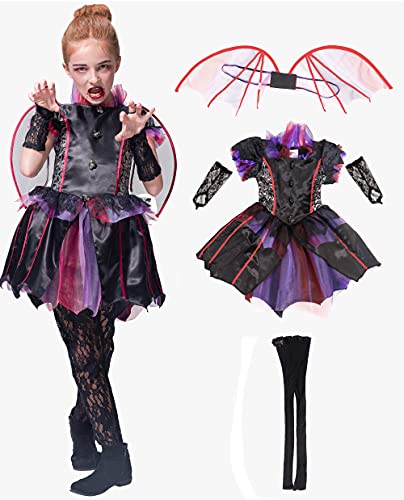 IKALI Disfraz infantil de vampiro gótico, condesa del mal, para Halloween, disfraz de lujo con alas de murciélago