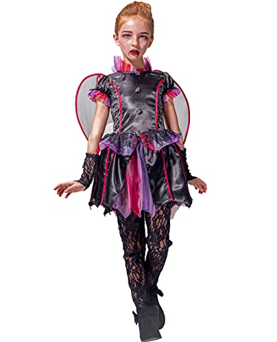 IKALI Disfraz infantil de vampiro gótico, condesa del mal, para Halloween, disfraz de lujo con alas de murciélago
