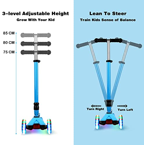 IMMEK Patinete infantil con 3 ruedas plegables, patinete para niños de 3 a 14 años, niño y niña, regalo con ruedas luminosas y manillar ajustable en altura, carga máxima de 50 kg (azul)