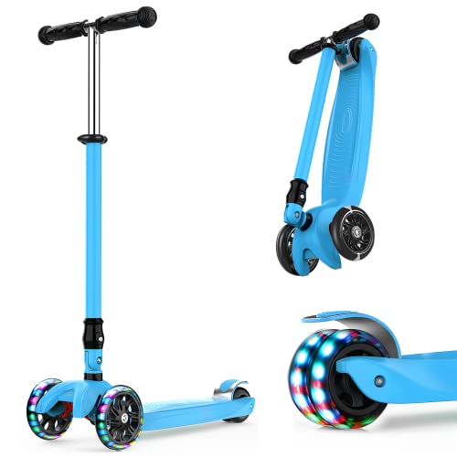 IMMEK Patinete infantil con 3 ruedas plegables, patinete para niños de 3 a 14 años, niño y niña, regalo con ruedas luminosas y manillar ajustable en altura, carga máxima de 50 kg (azul)