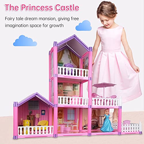 JAWSEU Juego de 126 castillos, casa de muñecas grande, casa con muebles y accesorios, muñecas, 3 pisos, 7 habitaciones, juego de muebles, regalo para niñas