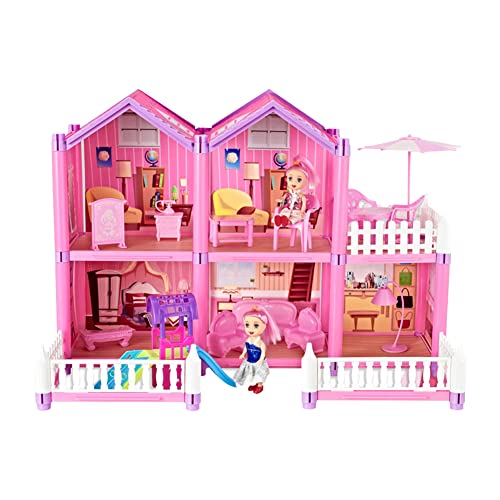 JAWSEU Juego de 126 castillos, casa de muñecas grande, casa con muebles y accesorios, muñecas, 3 pisos, 7 habitaciones, juego de muebles, regalo para niñas