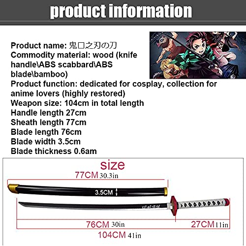 JOUET Demon Slayer Blade Cosplay Katanas Sword Prop Weapon Anime Ninja Sword Toys, Modelo de Madera, Anime Ninja Juguetes de Armas Decorativas 104cm