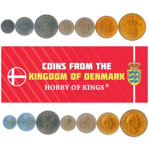 Juego de 7 Monedas de Dinamarca: 1, 2, 5, 10, 25, Ore, 1, 2 Kroner. 1924-1947