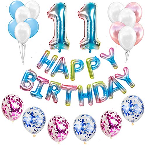 Juego de decoración para cumpleaños número 11 para niñas, jóvenes, arco iris, decoración de cumpleaños para niños, globos con guirnalda Happy Birthday para géneros, chicas jóvenes y mujeres