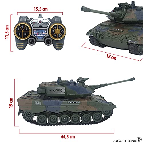 JUGUETECNIC │ Tanque Teledirigido RC Leopard | Efectos Sonido + Humo + Figura Militar | 3 Velocidades de Tanque Radiocontrol │ Escala 1:18