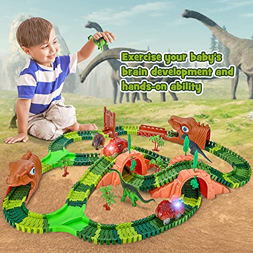 Juguetes de Pista Coche Dinosaurio para Niños, 265 Piezas Dinosaurios Pista de Coches con 2 Dinosaurio Coche Iuminiscente，Circuitos de Carreras de Juguete para Niños para Niños Regalo