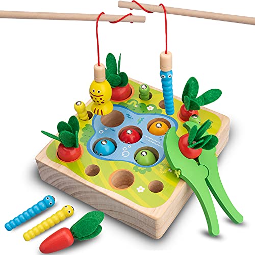 Juguetes Montessori 1 2 3 4 Años, Achiyway Juguetes de Madera de educación sensorial para niños ，Regalos, Juegos de Pesca para niños y niñas, Cosecha de Zanahorias, Captura de Gusanos